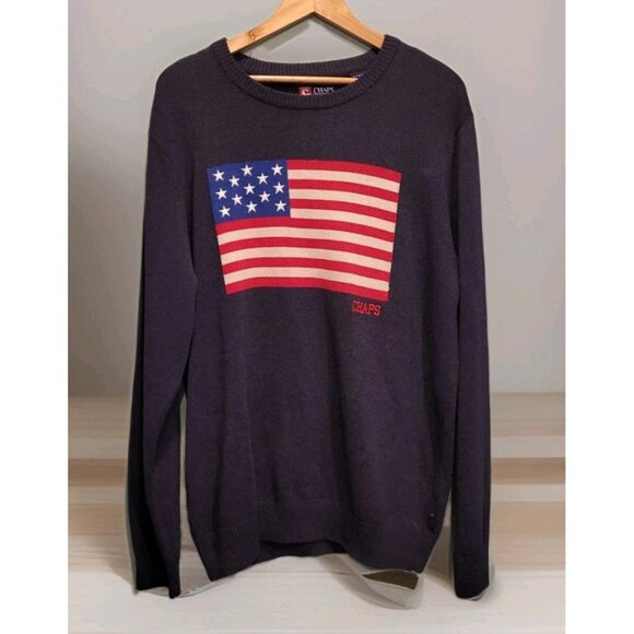 Mens Blue American Flag Patriotic Crewneck Sweater Chaps Sz XL - Picture 1 of 8